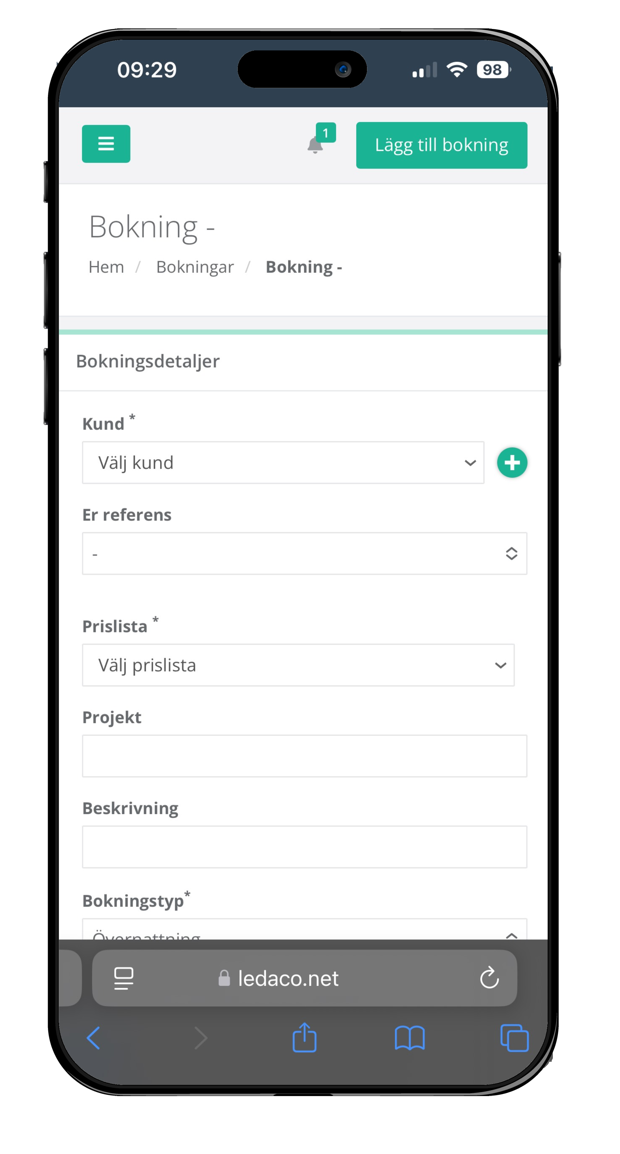 Ledaco Bokningssystem på mobil